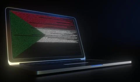 Laptop and source code on the screen composing flag of Sudan. National Stock Illustration