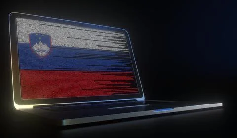 Laptop and source code on the screen composing flag of Slovenia. National Illustrazione stock