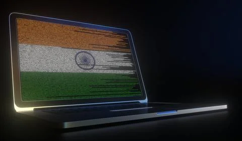 Laptop and source code on the screen composing flag of India. National Stock Illustration