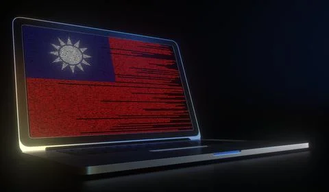 Laptop and source code on the screen composing flag of Taiwan. National Stock Illustration