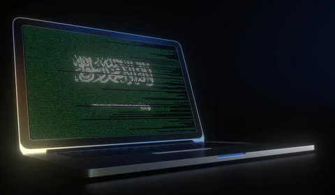 Laptop and source code on the screen composing flag of Saudi Arabia. National Stock Illustration