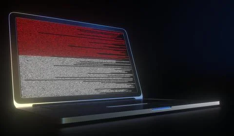 Laptop and source code on the screen composing flag of Indonesia. National 스톡 일러스트