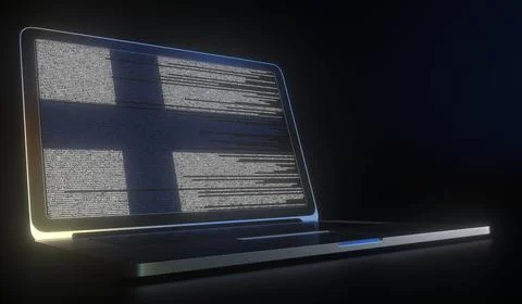 Laptop and source code on the screen composing flag of Finland. National Stock Illustration