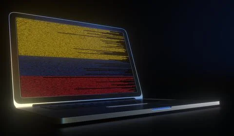Laptop and source code on the screen composing flag of Colombia. National Illustrazione stock
