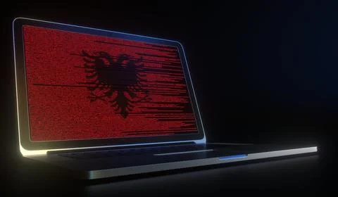 Laptop and source code on the screen composing flag of Albania. National Stock Illustration