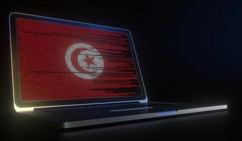 Laptop and source code on the screen composing flag of Tunisia. National 스톡 일러스트