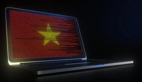 Laptop and source code on the screen composing flag of Vietnam. National Stockillustratie