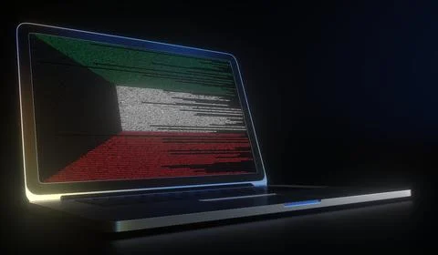 Laptop and source code on the screen composing flag of Kuwait. National Illustrazione stock