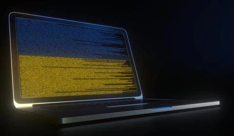 Laptop and source code on the screen composing flag of Ukraine. National Stockillustratie