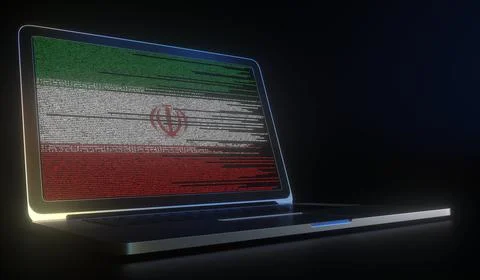 Laptop and source code on the screen composing flag of Iran. National 스톡 일러스트
