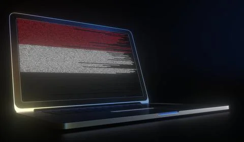 Laptop and source code on the screen composing flag of Yemen. National Stock Illustration
