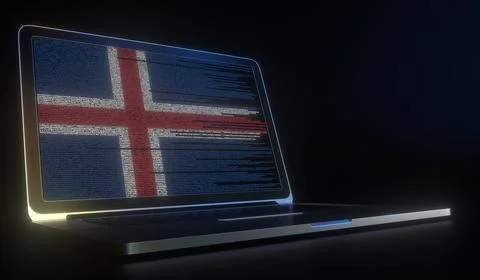 Laptop and source code on the screen composing flag of Iceland. National Stockillustratie