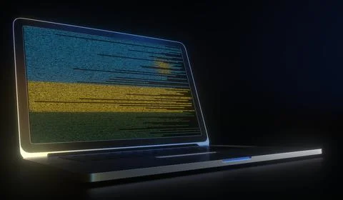 Laptop and source code on the screen composing flag of Rwanda. National Stockillustratie
