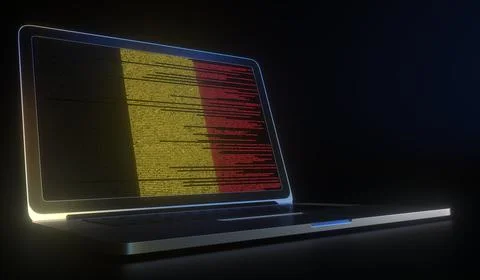 Laptop and source code on the screen composing flag of Belgium. National 스톡 일러스트