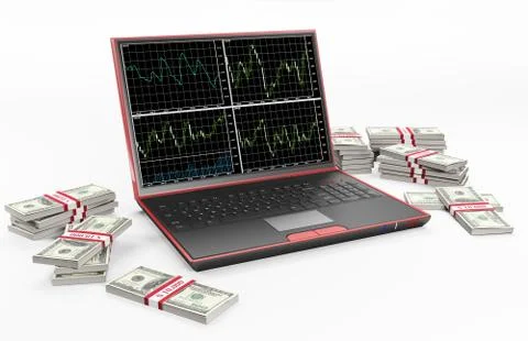 Laptop and stacks of dollars 3d Stock Illustration