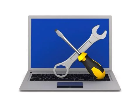 Laptop and tool on white background. Isolated 3D illustration Ilustração Stock