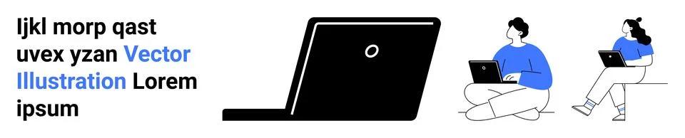 Laptop and two people using laptops. Ideal for remote work, digital learning, 스톡 일러스트
