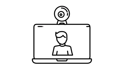 Laptop animated icon displaying portable video conferencing setup outline Vídeo Stock 341961530