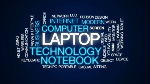 Laptop animated word cloud, text design animation. Stock Footage