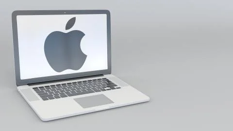 Laptop with Apple Inc. logo. Computer technology conceptual editorial 3D 스톡 일러스트