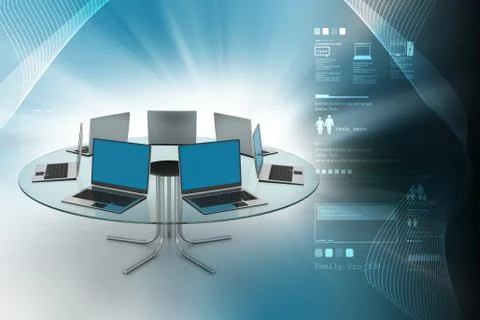 Laptop around the table Stock Illustration