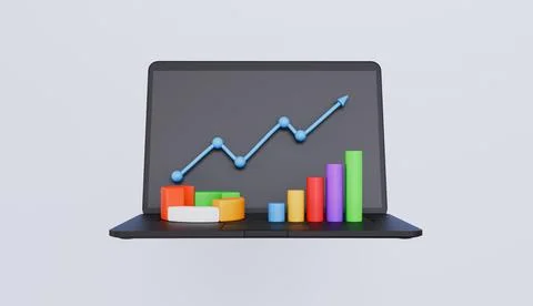 Laptop with arrow up with pie graph and bar graph, data analysis Stock Illustration