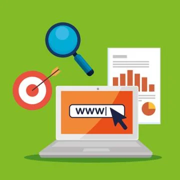 Laptop with arrow pointer cursor and business information Stock Illustration