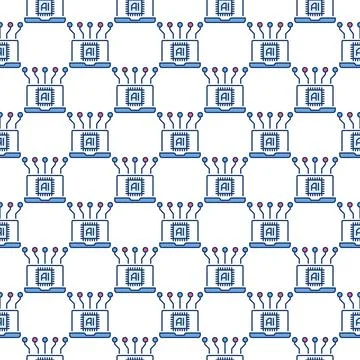 Laptop with Artificial Intelligence AI vector colored seamless pattern Stock Illustration