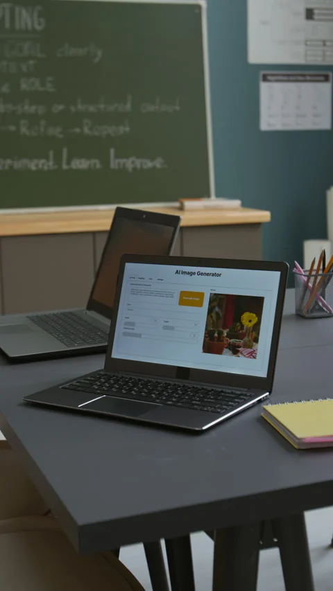 Laptop with Artificial Intelligence Generator on Desk in School Classroom Stock Footage 318718959