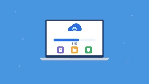 Laptop backing up data to the cloud with progress bar and file icons, blue Video stock 342594665