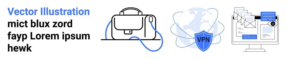 Laptop bag connected to a network, globe with VPN shield, computer with multi Stockillustratie