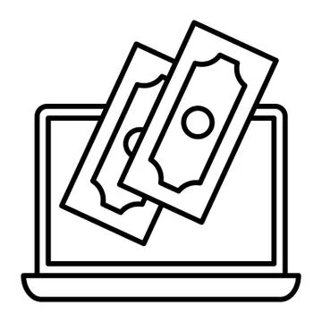 Laptop with banknote thin line icon. Computer and dollars vector illustration Stock Illustration