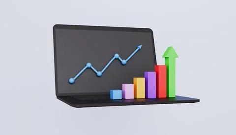 Laptop with bar graph and an arrow rising Business planning, data visualization Illustrazione stock