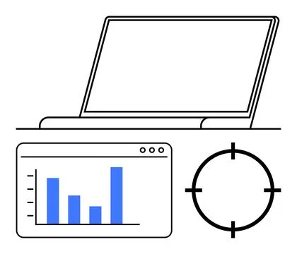 Laptop with bar graph screen and crosshair icon representing focus and analys Stock Illustration