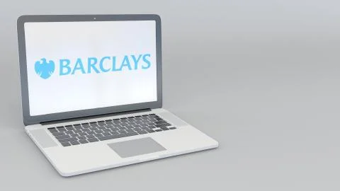 Laptop with Barclays logo. Computer technology conceptual editorial 3D rendering Stock-Illustration
