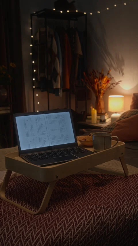 Laptop on Bed Tray Displaying Document in Cozy Bedroom at Night Stock Footage 341675753