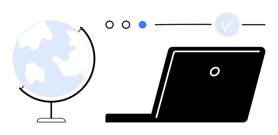 Laptop beside a globe with progress indicators. Ideal for online education, r 스톡 일러스트