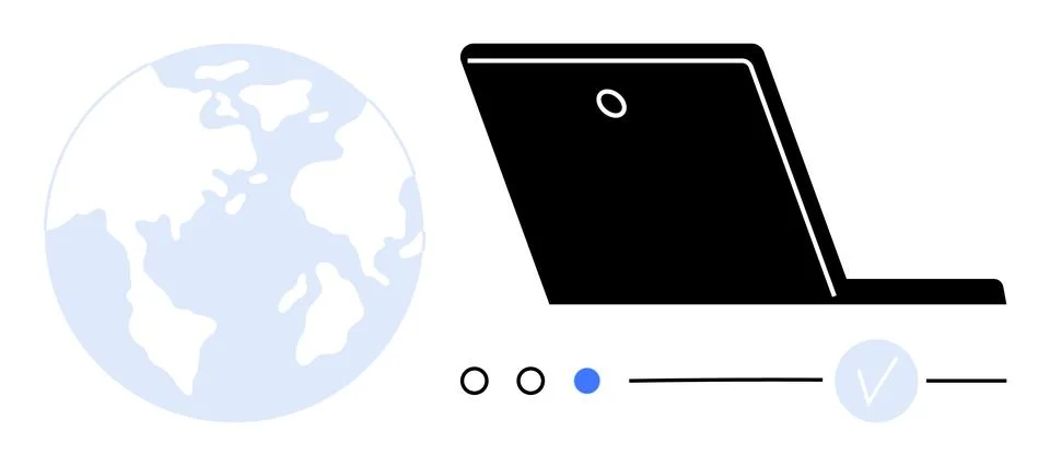 Laptop beside a globe with progress indicators, representing global connect.. Stock Illustration