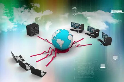 Laptop with big server and globe. 3d image Stock Illustration