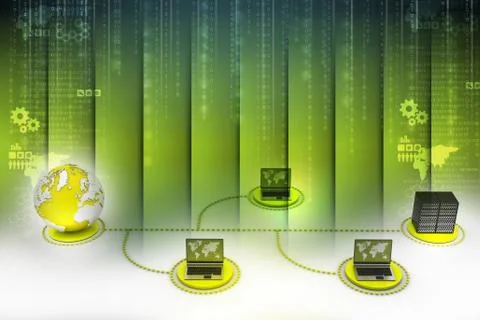 Laptop with big server and globe. 3D Image Illustrazione stock