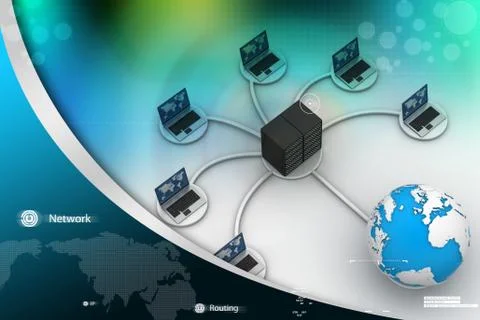 Laptop with big server net work firewall. 3d image Stock Illustration