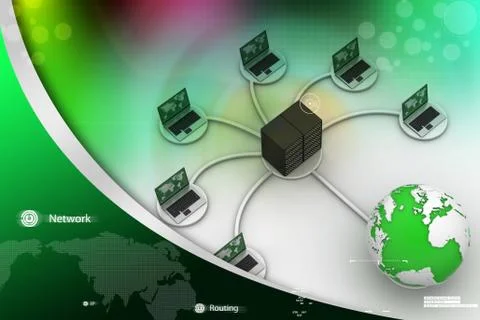 Laptop with big server net work firewall. 3d image Stock Illustration