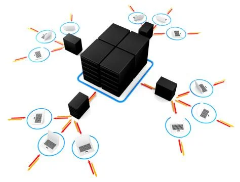 Laptop with  big server network. 3d image Stock Illustration