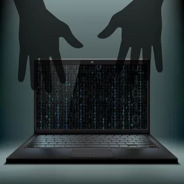 Laptop with a binary code on the screen. Cybercrime. Hacker atta Illustrazione stock