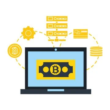 Laptop bitcoin database connection fintech Stock Illustration