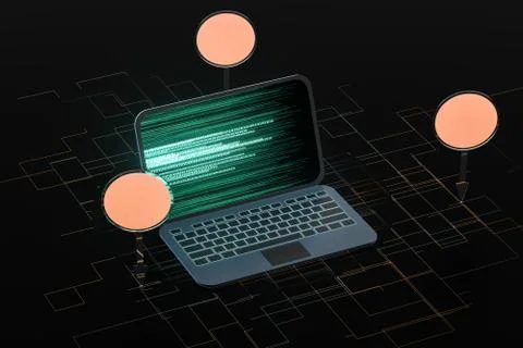 Laptop with black background, technological concept, 3d rendering. Stock Illustration