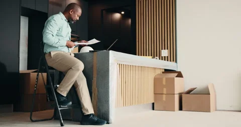 Laptop, black man and architect in office with documents for planning building, Stock Footage 337863469