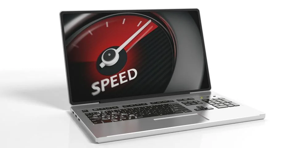 Laptop black silver Speedometer SPEED screen white back 스톡 일러스트