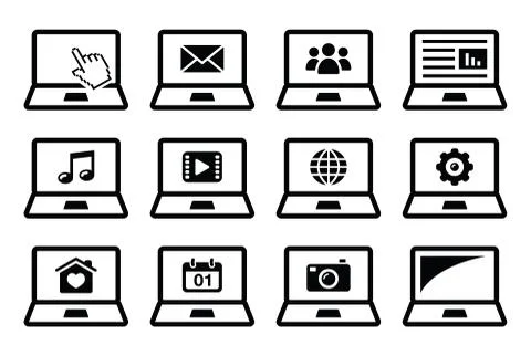 Laptop black vector icons set Stock Illustration