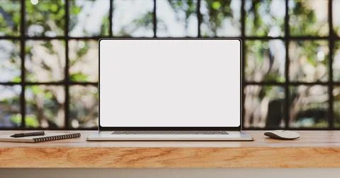 Laptop with blank frameless screen mockup template on the table in industrial Stock Illustration